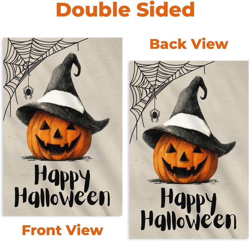 KarvePro Happy Halloween Garden Flag 12x18 Double Sided – Burlap Yard Flag with Pumpkin Wearing Hat and Spider Web for Outdoor Fall Halloween Decor - Image 4